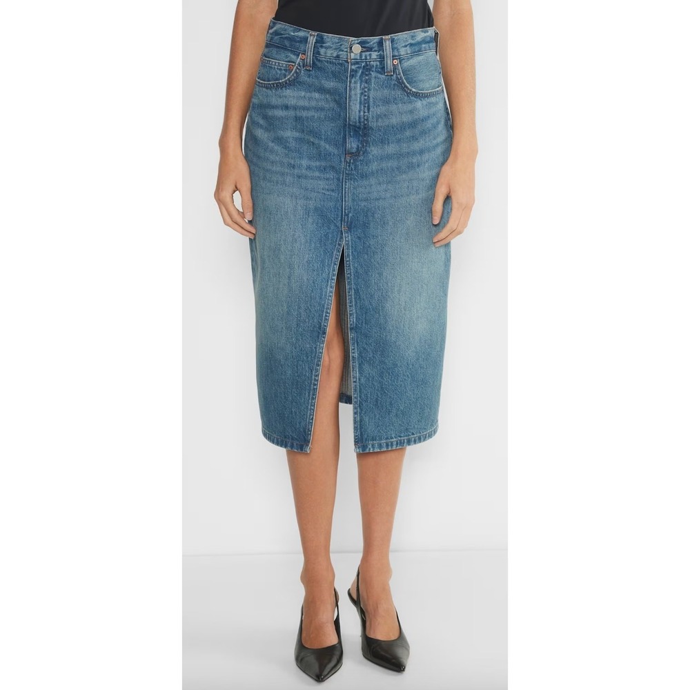 Denim Forum The 90s Halle Skirt Blue High Rise Front Slit Midi Denim Skirt 31